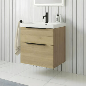 Adare 600mm Compact Wall Hung Vanity Unit In Natural Oak With Ceramic Basin