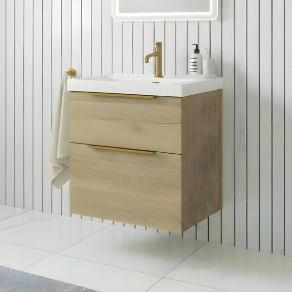 Adare 600mm Compact Wall Hung Vanity Unit In Natural Oak With Ceramic Basin - Image 2