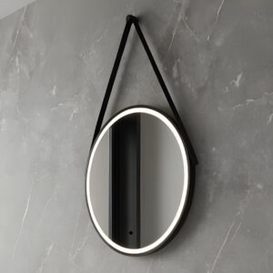 Emma Black Round LED Mirror With Strap | LED Mirrors | Atti Bathrooms